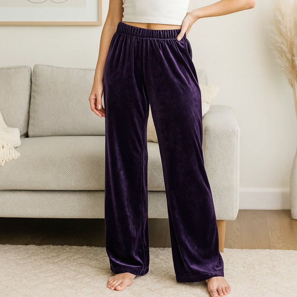 VINTAGE | Dark Purple Velour Elastic Waist Lounge Pants , Large